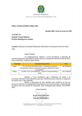 PREFEITURA RECEBE INDICAÇÃO DE MAIS R$ 730.000,00 MIL EM EMENDAS